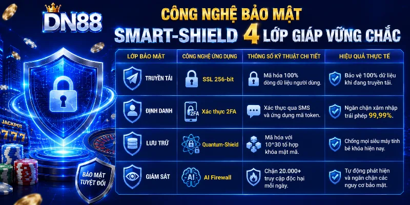 Minh họa công nghệ Smart Shield và lớp bảo vệ tài khoản người dùng DN88