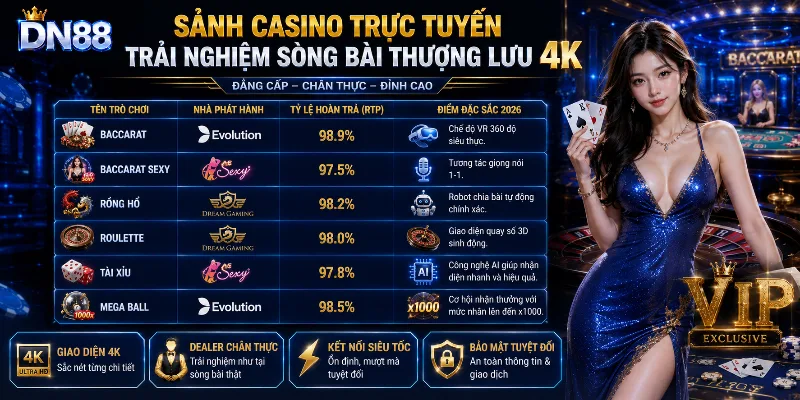 Sảnh casino trực tuyến DN88 với giao diện hiện đại và hình ảnh trực quan